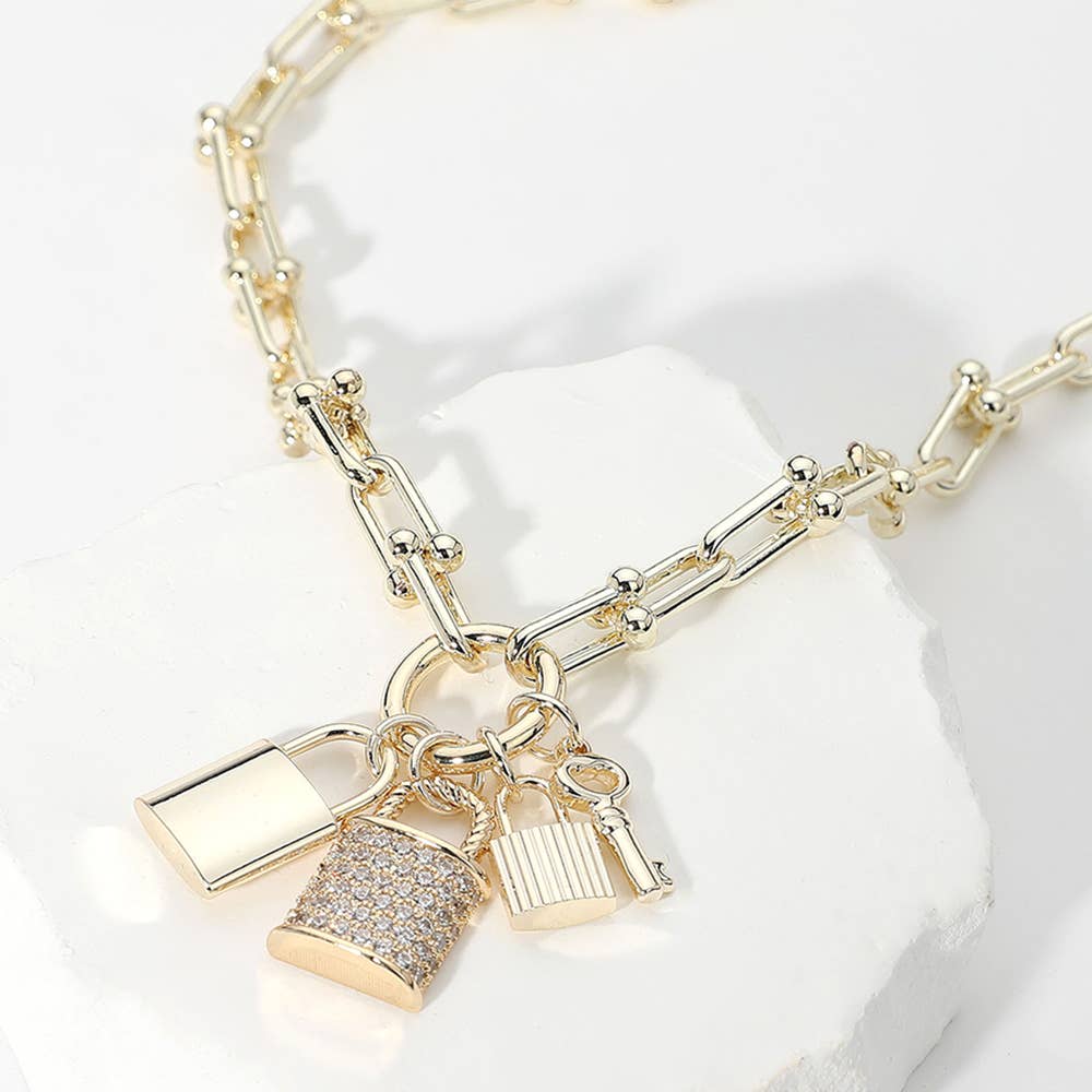 14K Gold Plated CZ Paved Triple Lock Pendant Chain Necklace