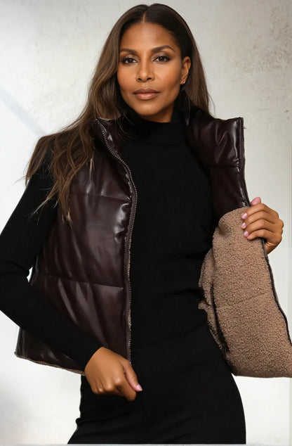 Tashena Reversible Faux Leather-Sherpa Contrast Bubble Crop Vest
