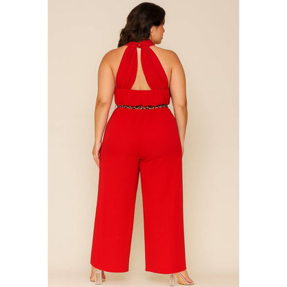 GEORGETTA KEYHOLE HALTER LEOPARD BELT WIDE LEG JUMPSUIT