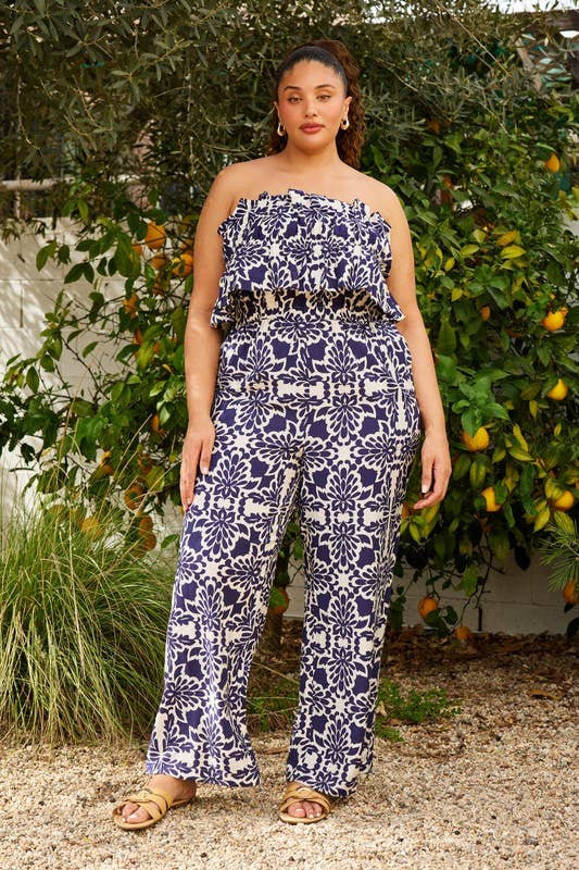 Printed Wide Leg Strapless Jumpsuit