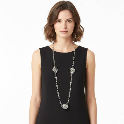 Abstract Textured Metal Ball Station Paperclip Chain Long Necklace