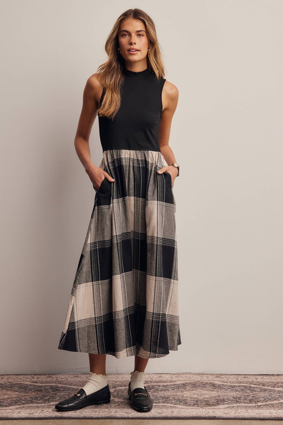 Mock Neck Mixed Media Plaid Midi Dress