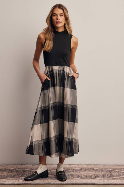 Mock Neck Mixed Media Plaid Midi Dress