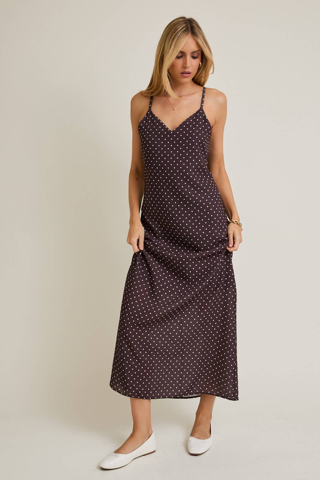 SWEETHEART NECK STRAP DOT MAXI DRESS