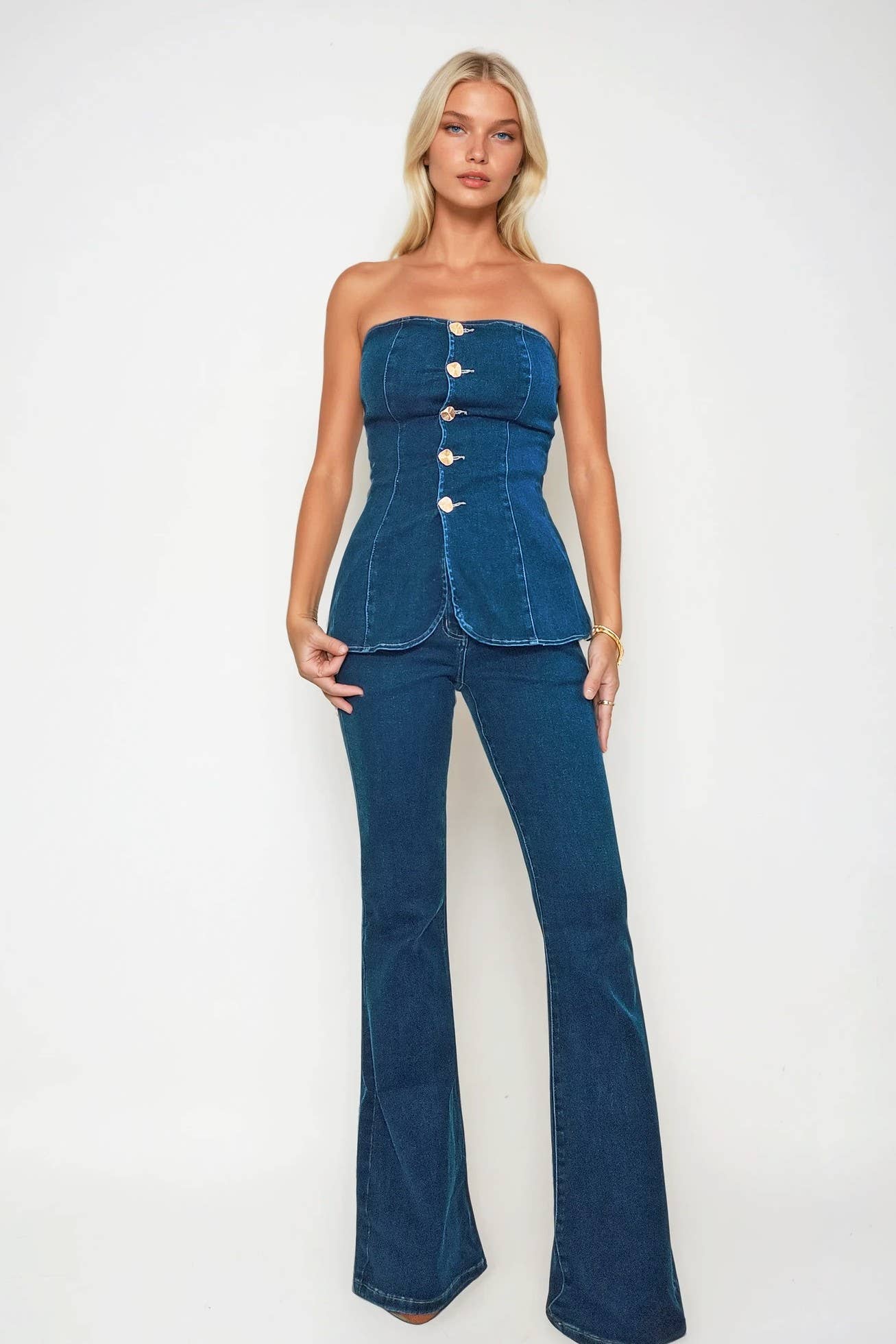 SHERRIAH DENIM PEPLUM TOP  W1515TIA  MID DEN