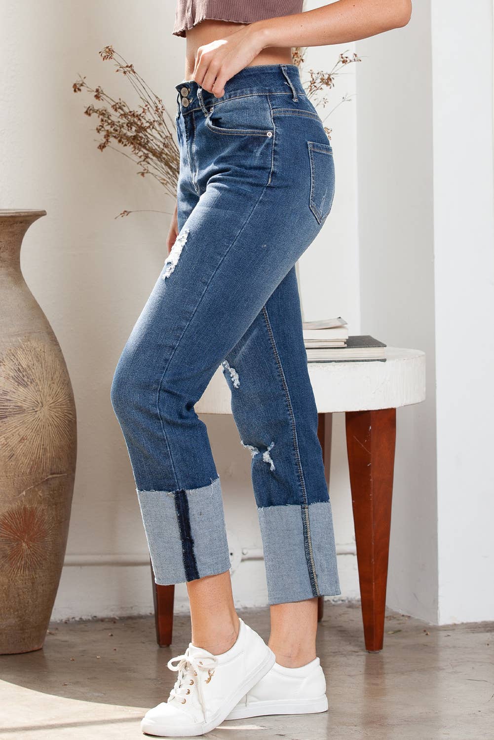 High Waist Distressed Straight Leg Jeans