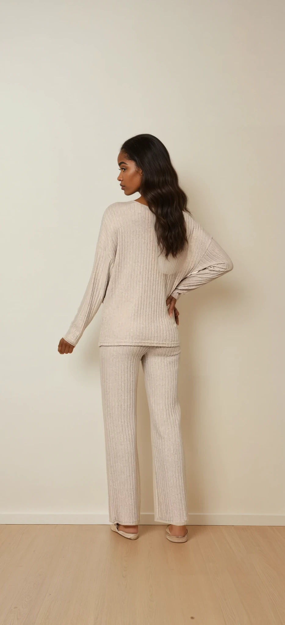 Women Ribbed Knit V Neck Slouchy Two-piece Outfit