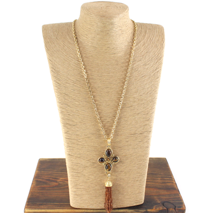N25260 Stone Pendant Beaded Tassel Stainless Steel Necklace