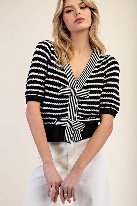 STRIPED V NECK KNIT CARDIGAN