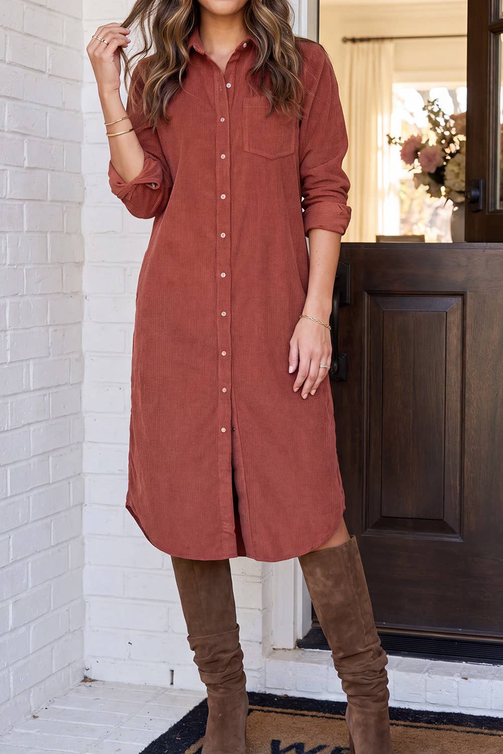 Corduroy Button Down Shirt Midi Dress by LA Society