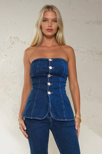 SHERRIAH DENIM PEPLUM TOP  W1515TIA  MID DEN