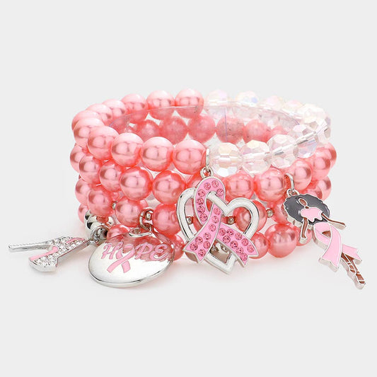 4PCS - Pink Ribbon Stiletto Heel Hope Message Afro Girl Charm Pearl Stretch Bracelets