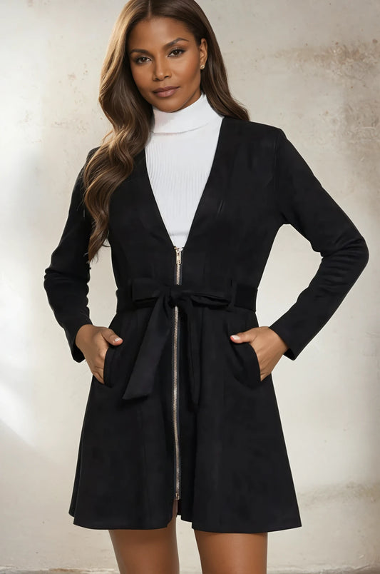 Briah V-Neck Zip-Up Belted Faux Suede Dress Jacket