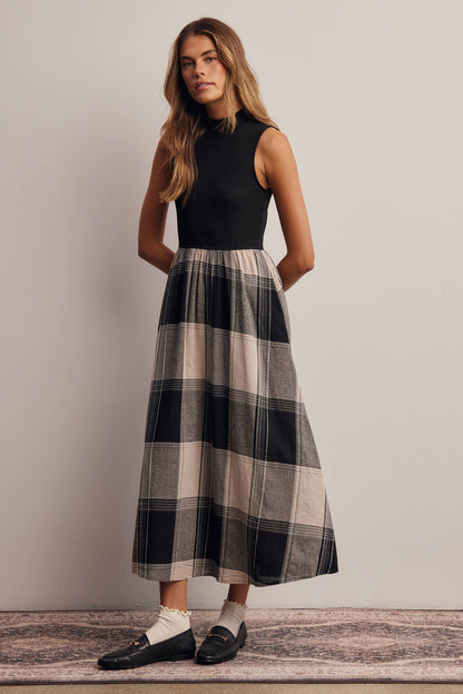 Mock Neck Mixed Media Plaid Midi Dress