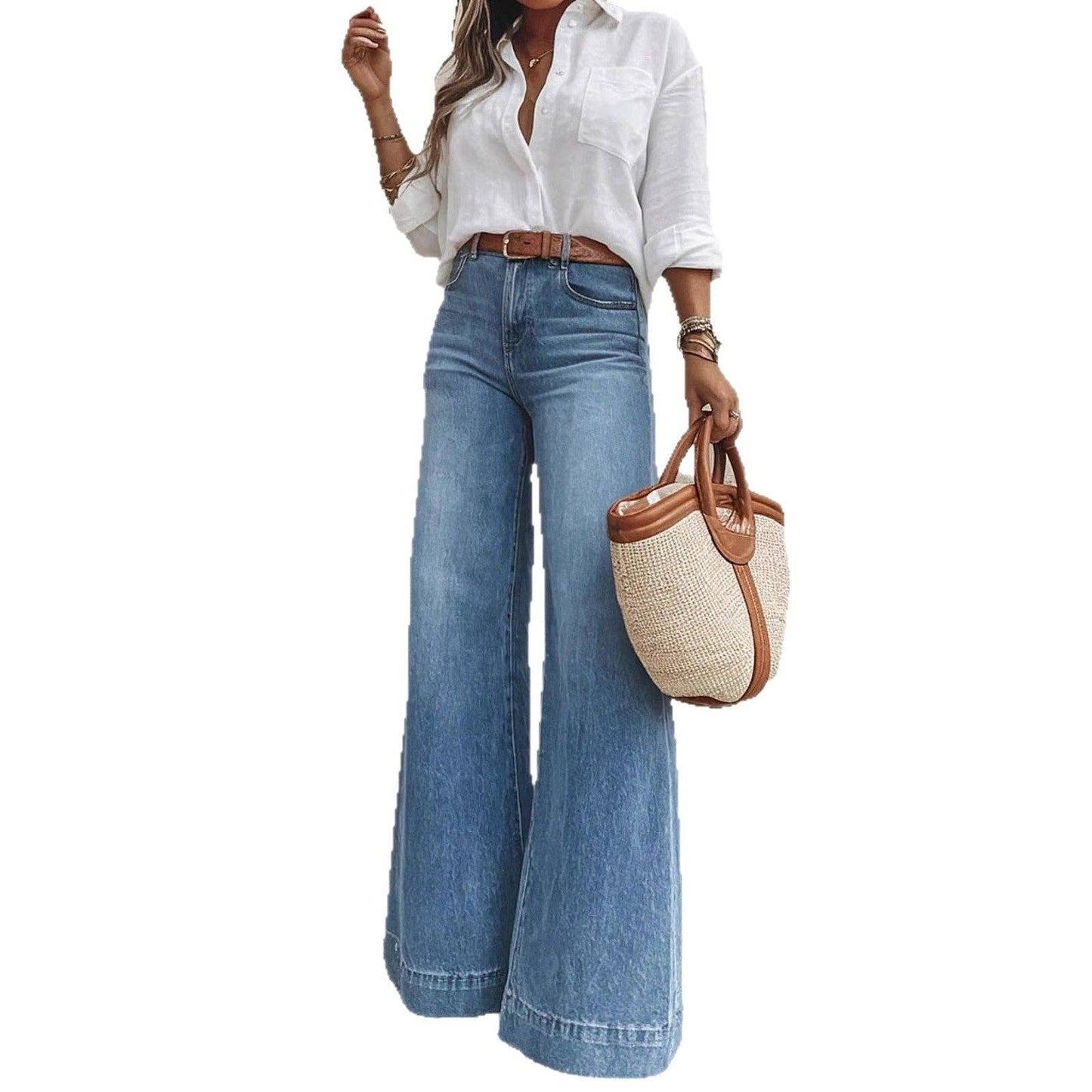 Blue Vintage Washed Wide Leg High Waist Denim Pants
