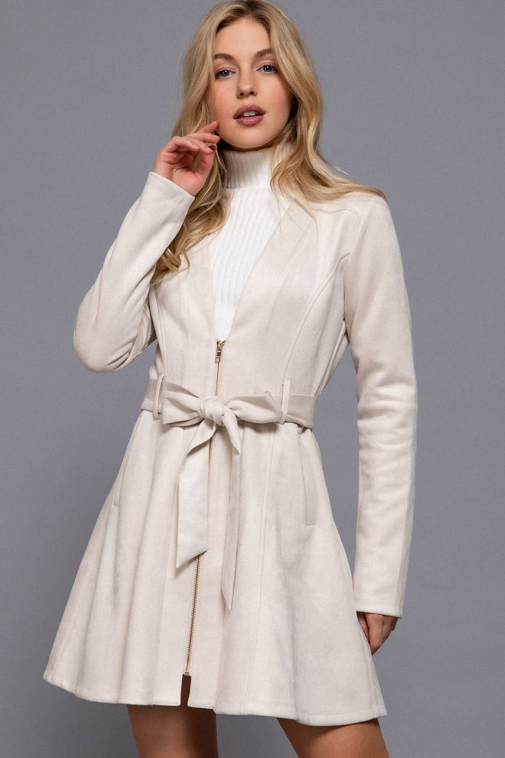 Briah V-Neck Zip-Up Belted Faux Suede Dress Jacket