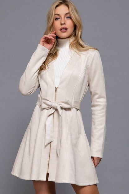 Briah V-Neck Zip-Up Belted Faux Suede Dress Jacket