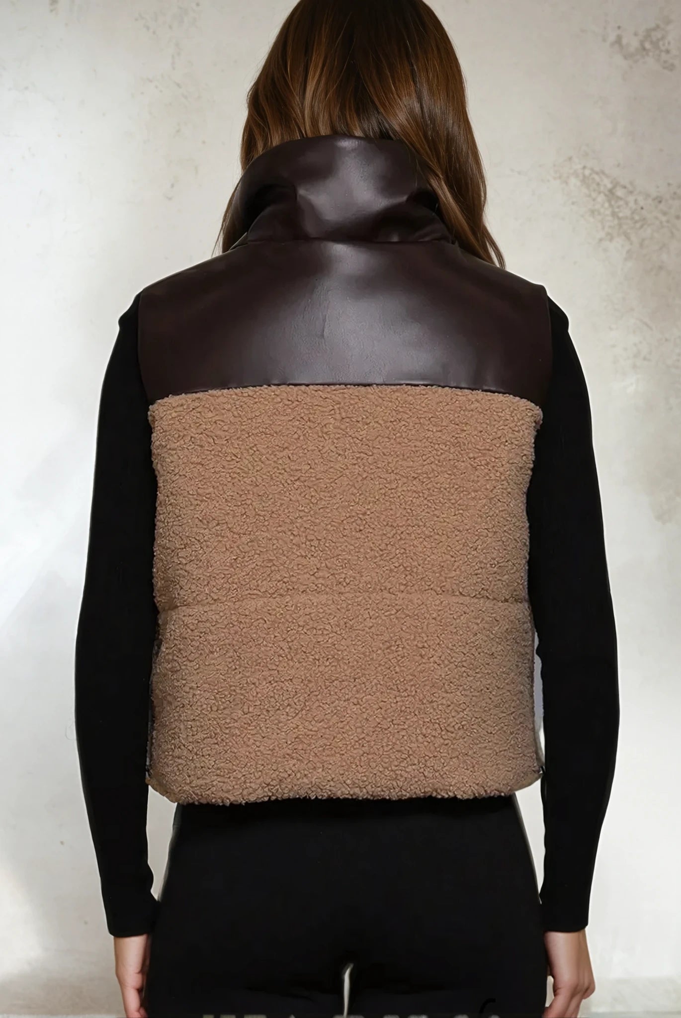 Tashena Reversible Faux Leather-Sherpa Contrast Bubble Crop Vest