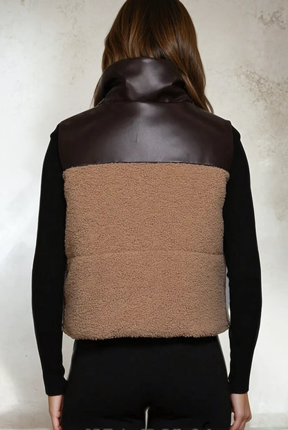 Tashena Reversible Faux Leather-Sherpa Contrast Bubble Crop Vest