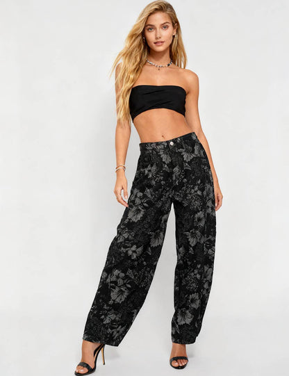 Ladies Vintage Denim Pants Floral Print Barrel Pants