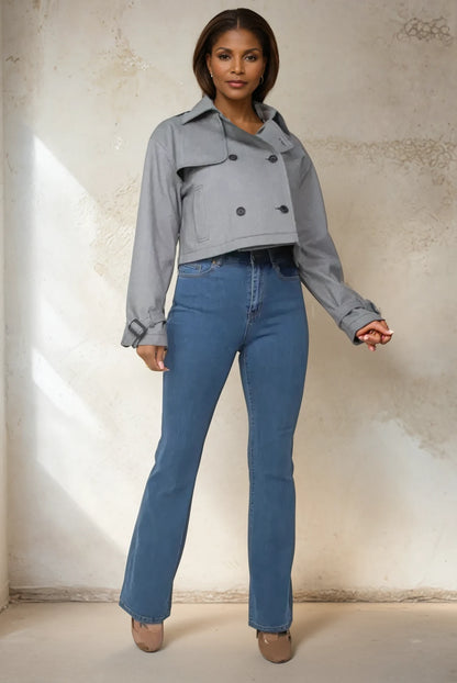 Notch Buckled Sleeve Crop Trench Coat