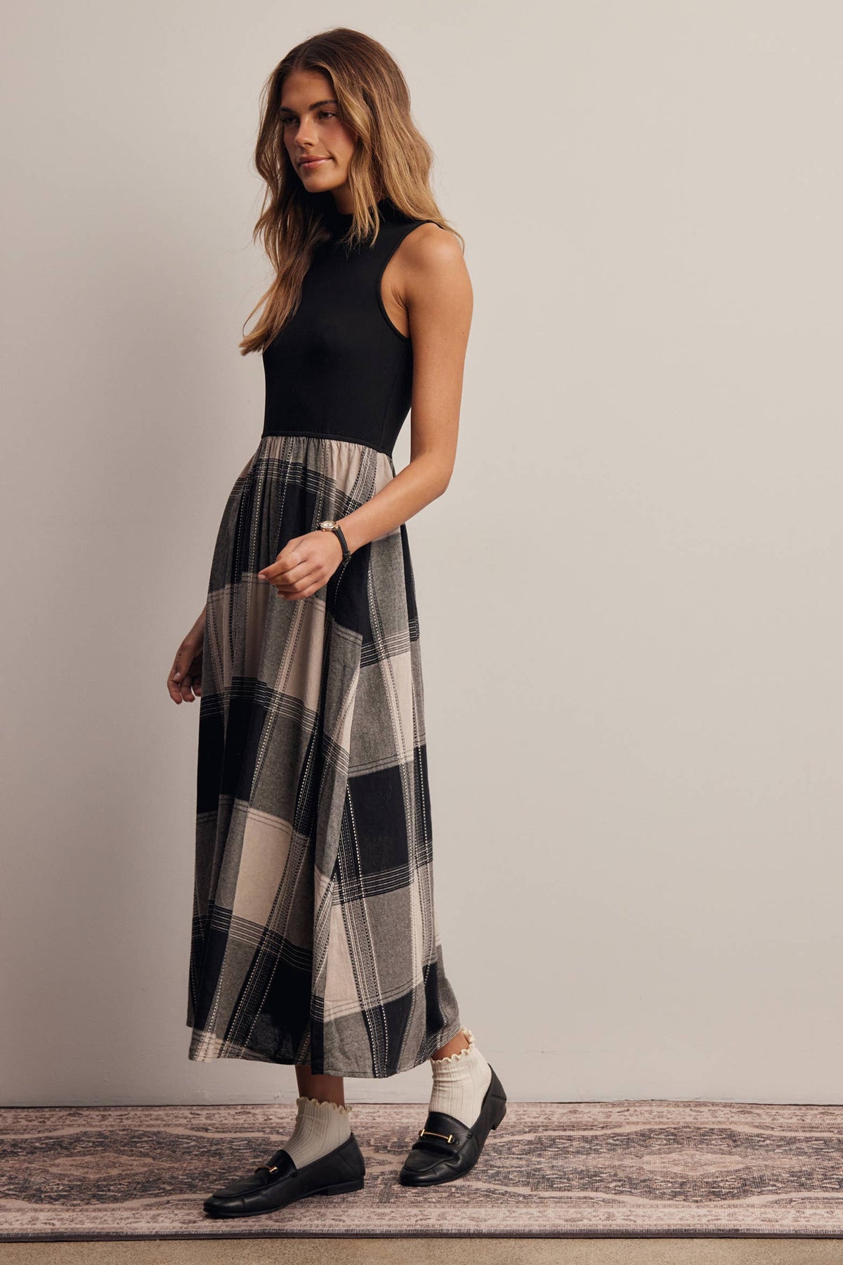 Mock Neck Mixed Media Plaid Midi Dress