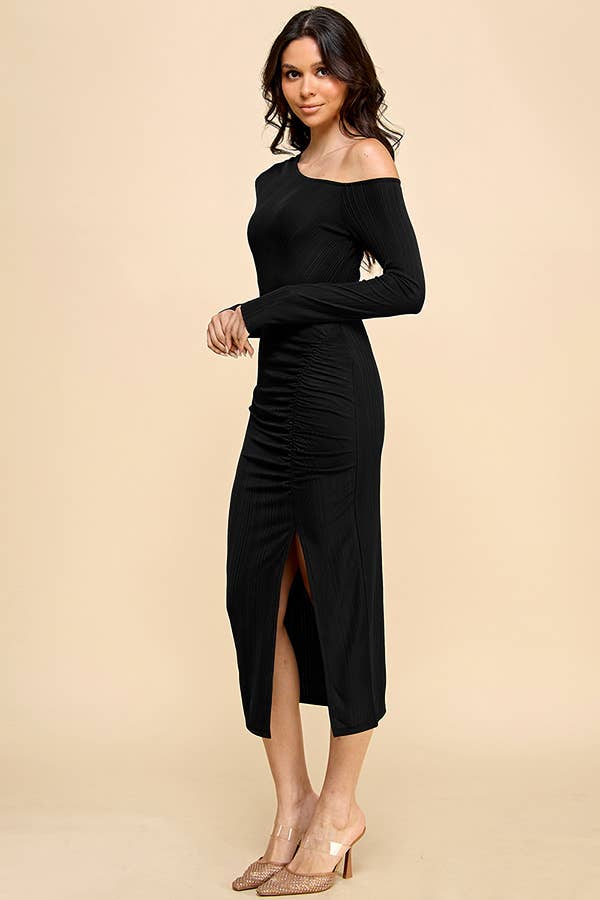 Ruched Off Shoulder Midi Dress with Slit Black / Small Ruched Off Shoulder Midi Dress with Slit Black / Small