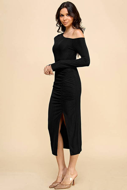 Raven One shoulder Ruched Midi Dress