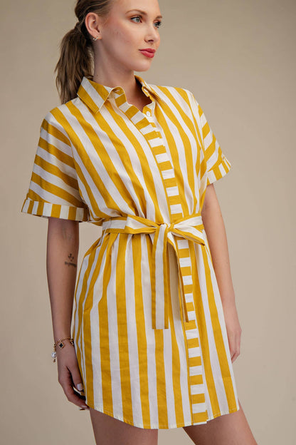 Collar Neck Button-Up Shirts Waist Tie Mini Dress