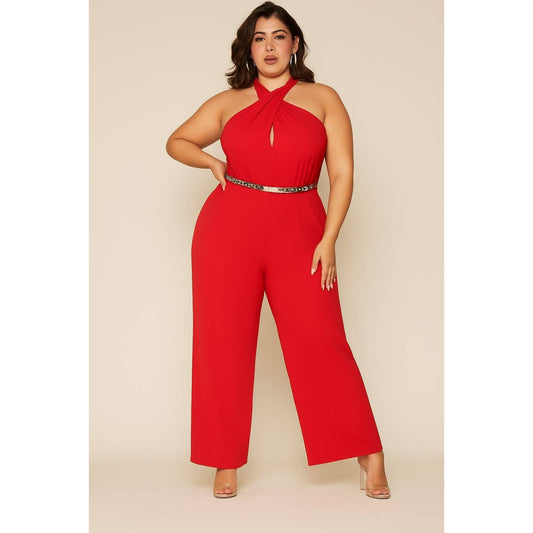 GEORGETTA KEYHOLE HALTER LEOPARD BELT WIDE LEG JUMPSUIT