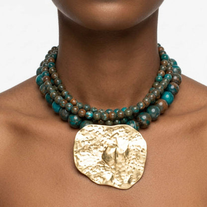 Tribal Lake Blue Stone Bead Hammered Gold Necklace