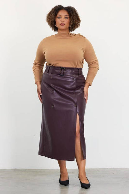 JoJo Faux Leather Midi Skirt With Belt