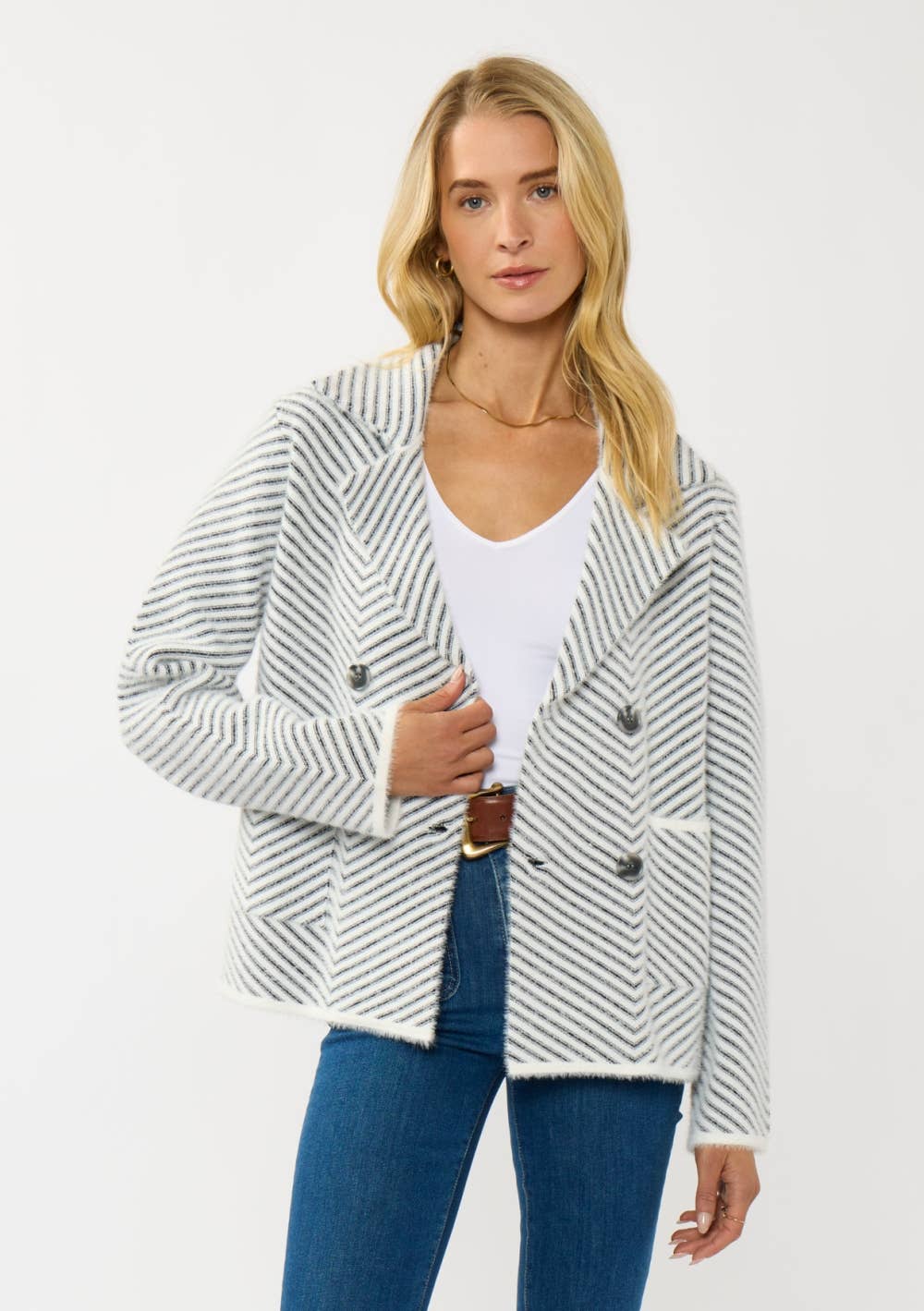 Chevron Stripe Button-Up Sweater Jacket