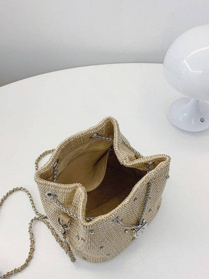 Mini Woven Bucket Bag with Pearl & Rhinestone Accents