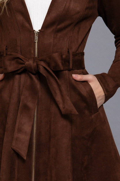 Briah V-Neck Zip-Up Belted Faux Suede Dress Jacket