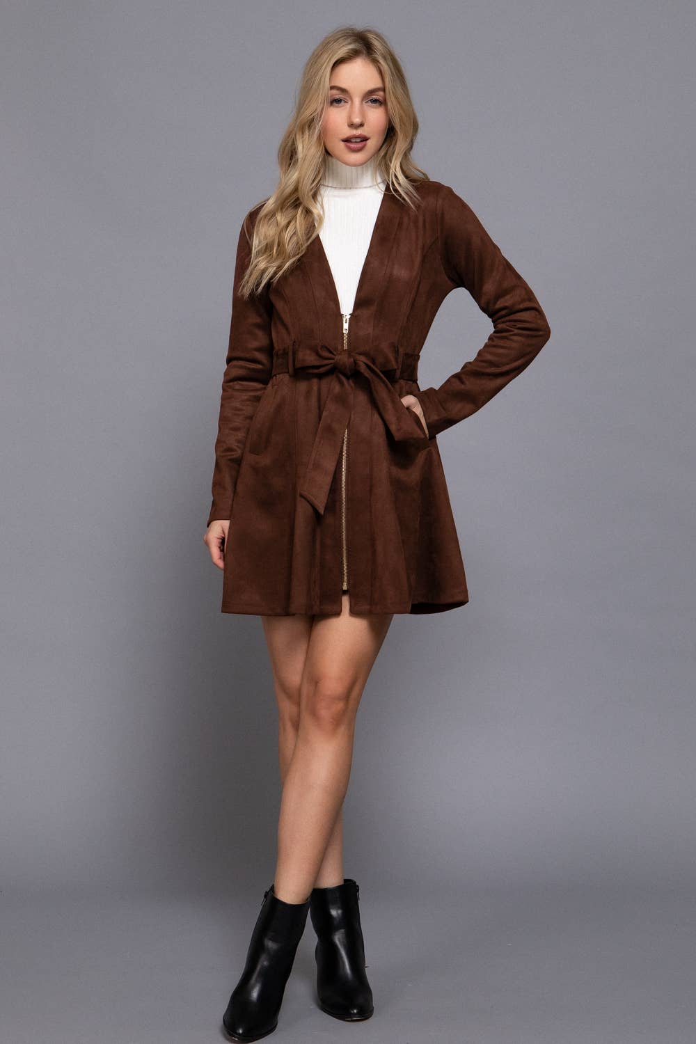 Briah V-Neck Zip-Up Belted Faux Suede Dress Jacket