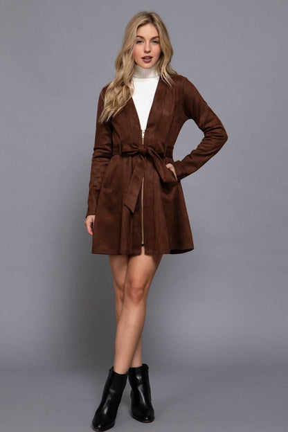 Briah V-Neck Zip-Up Belted Faux Suede Dress Jacket
