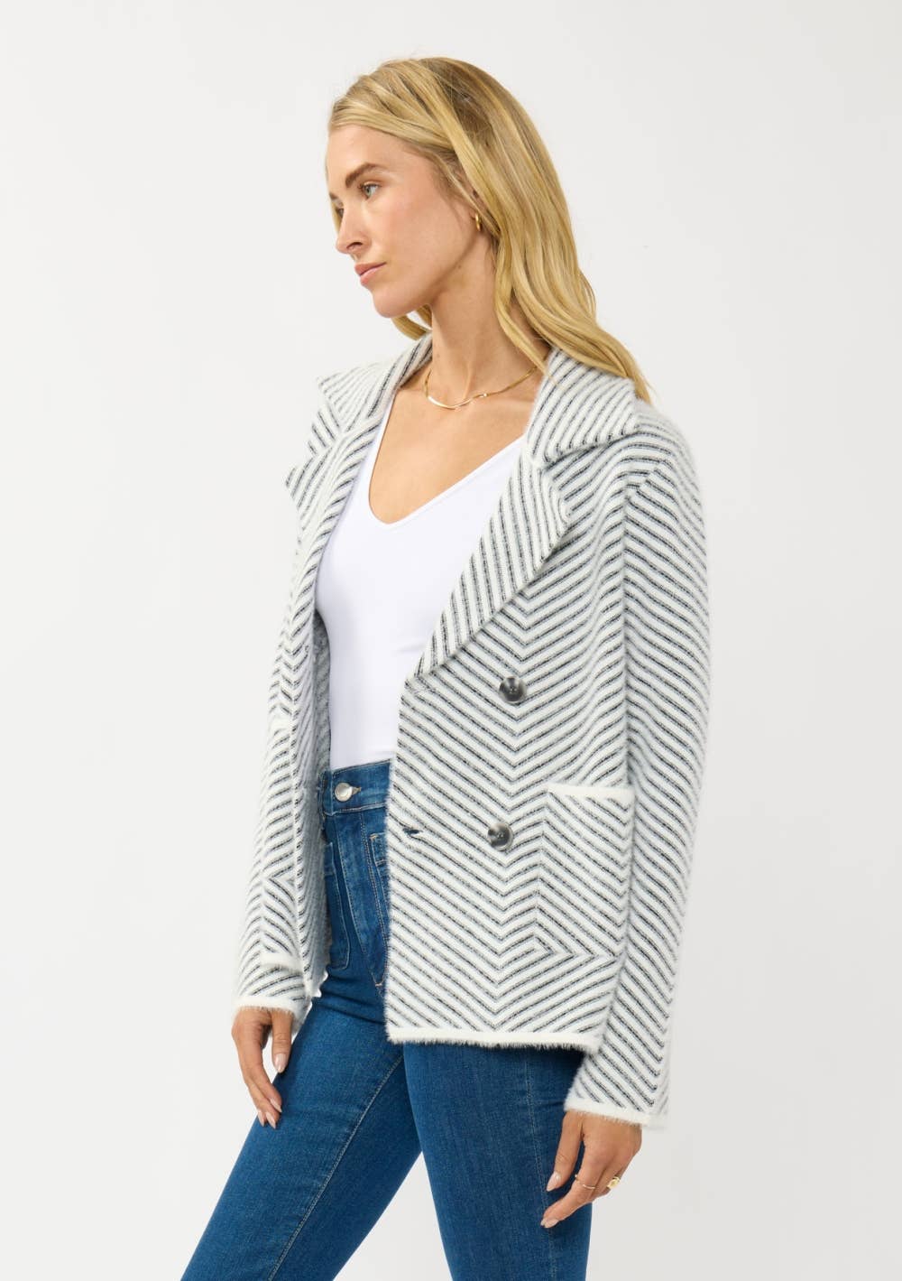 Chevron Stripe Button-Up Sweater Jacket