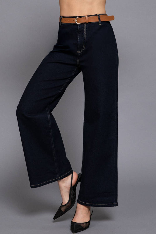 Belted Relaxed Leg Stretch Denim Pants