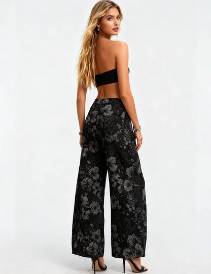 Ladies Vintage Denim Pants Floral Print Barrel Pants