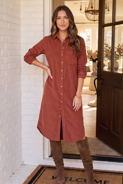 Corduroy Button Down Shirt Midi Dress by LA Society
