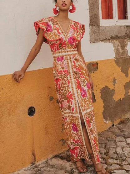 Ruffled Split Positional Print Backless Dress