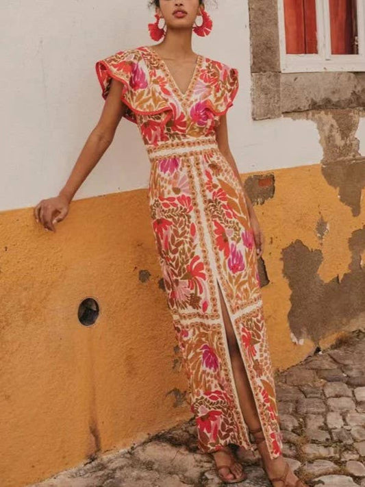 Ruffled Split Positional Print Backless Dress
