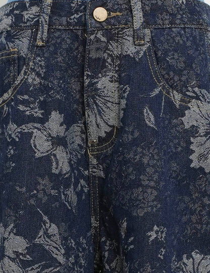 Ladies Vintage Denim Pants Floral Print Barrel Pants