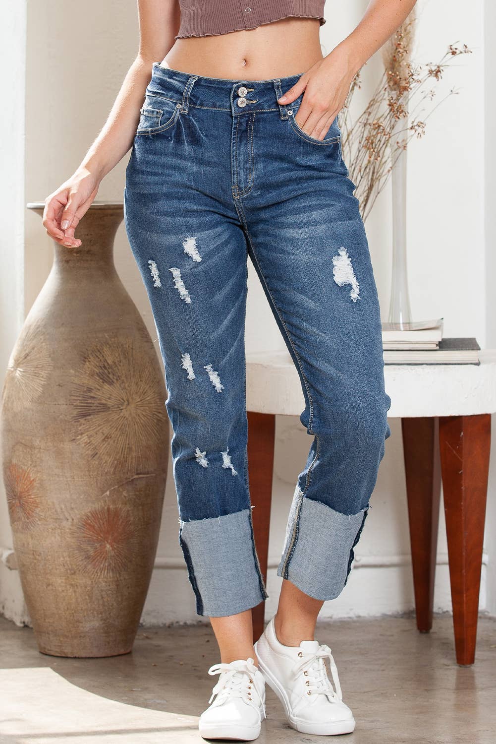High Waist Distressed Straight Leg Jeans