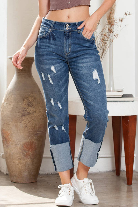 High Waist Distressed Straight Leg Jeans