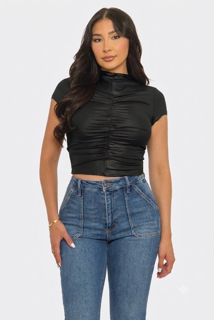 Yoga Coated Front Elastic Shirring Ruched Crop Top