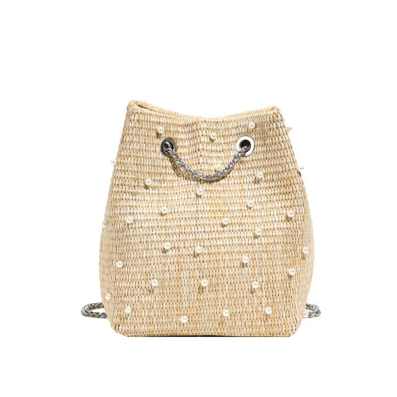 Mini Woven Bucket Bag with Pearl & Rhinestone Accents