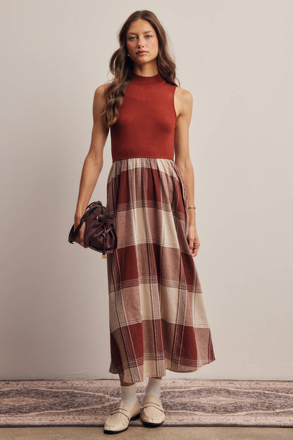 Mock Neck Mixed Media Plaid Midi Dress