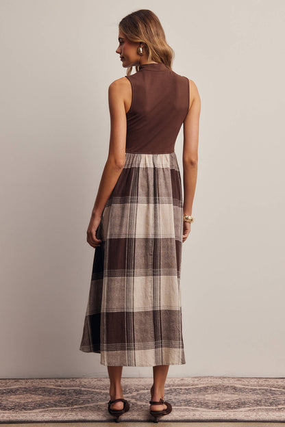 Mock Neck Mixed Media Plaid Midi Dress